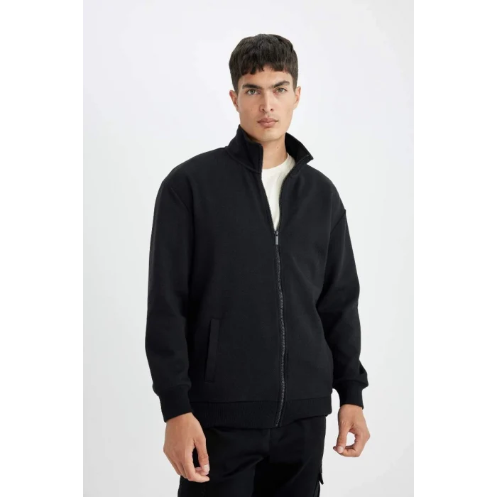 D4971 Comfort Regular Fit Rahat Kesim Dik Yaka Cepli Basic Düz Fermuarlı Sweatshirt Hırka