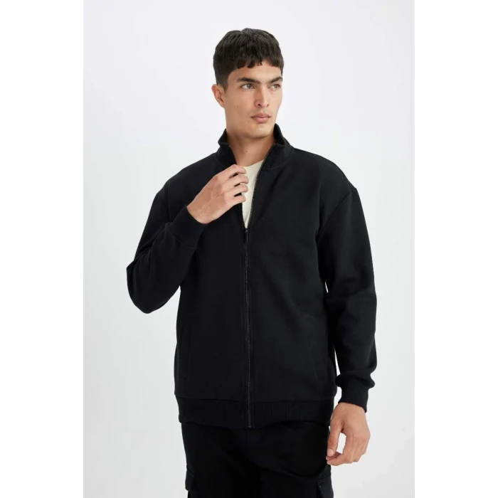 D4971 Comfort Regular Fit Rahat Kesim Dik Yaka Cepli Basic Düz Fermuarlı Sweatshirt Hırka
