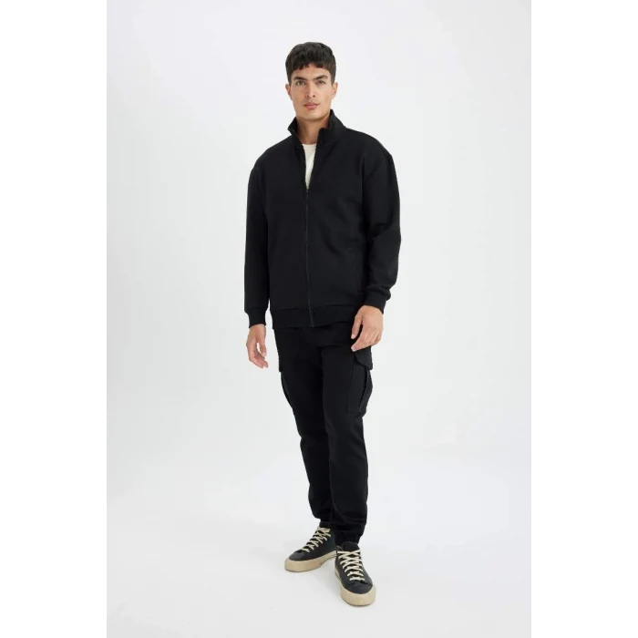 D4971 Comfort Regular Fit Rahat Kesim Dik Yaka Cepli Basic Düz Fermuarlı Sweatshirt Hırka