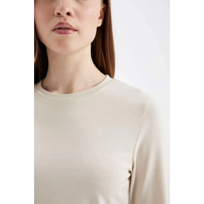 D5017 Bisiklet Yaka Uzun Kollu Basic Düz Tişört Tunik