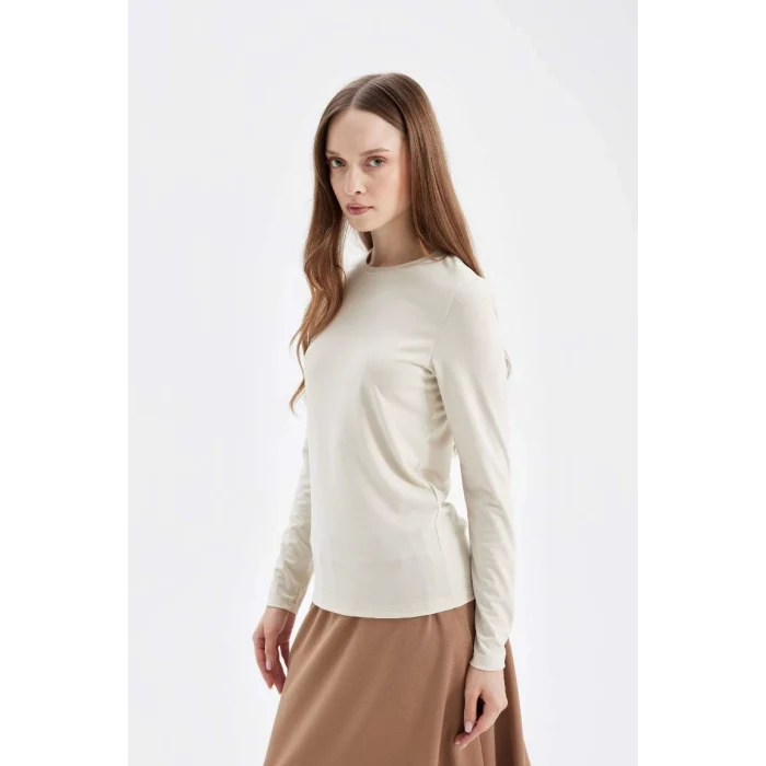 D5017 Bisiklet Yaka Uzun Kollu Basic Düz Tişört Tunik