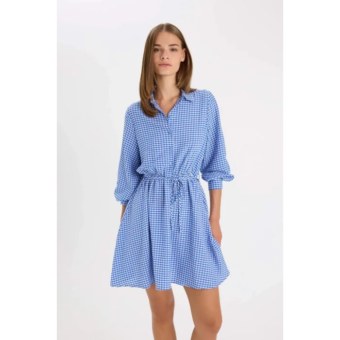 D5182 Gömlek Yaka Pötikareli Düğmeli Beli Bağcıklı Gofre Dokulu Uzun Kollu Mini Elbise