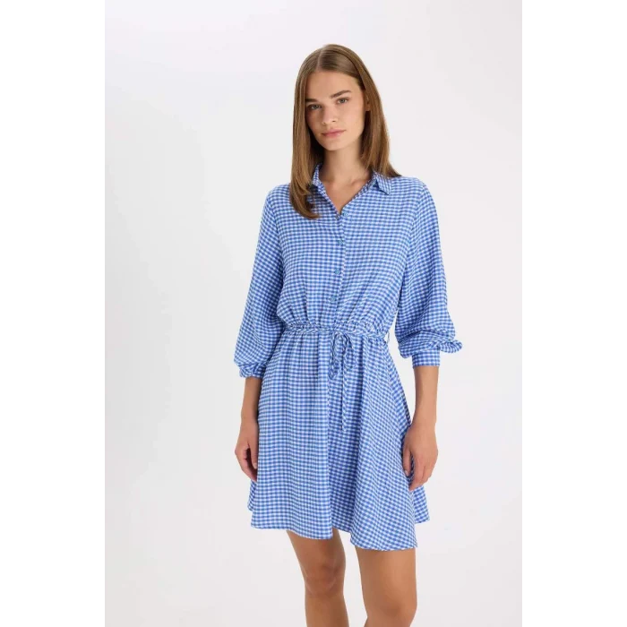 D5182 Gömlek Yaka Pötikareli Düğmeli Beli Bağcıklı Gofre Dokulu Uzun Kollu Mini Elbise