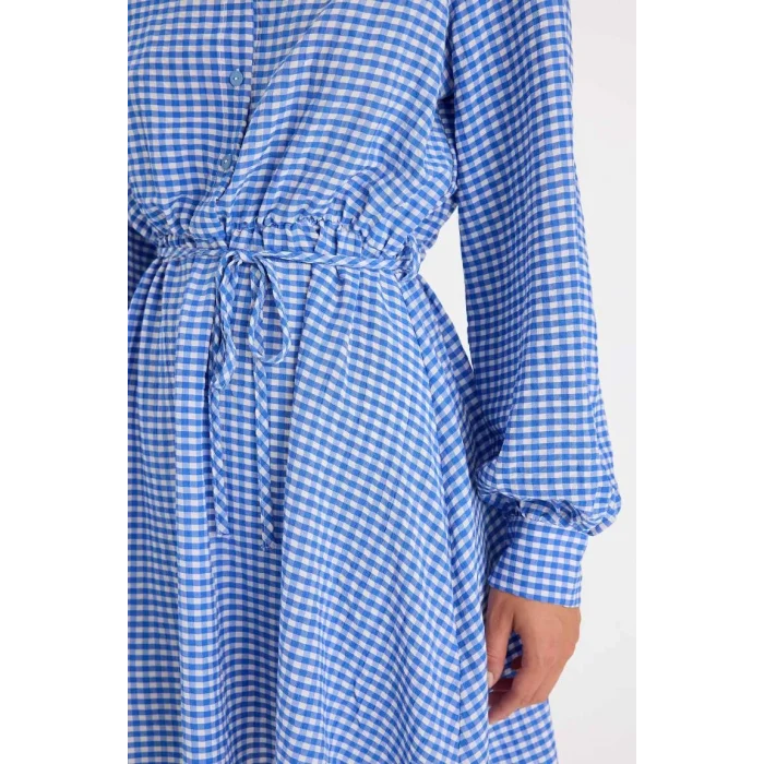 D5182 Gömlek Yaka Pötikareli Düğmeli Beli Bağcıklı Gofre Dokulu Uzun Kollu Mini Elbise