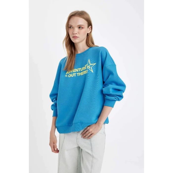 D5185 Loose Fit Sırt Baskılı Kalın Sweatshirt