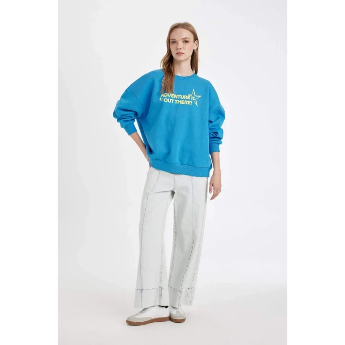 D5185 Loose Fit Sırt Baskılı Kalın Sweatshirt