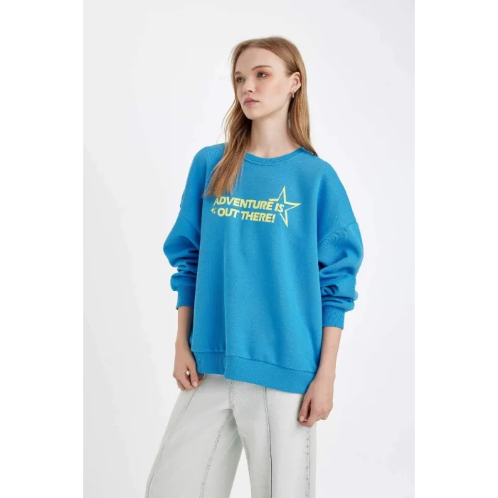 D5185 Loose Fit Sırt Baskılı Kalın Sweatshirt