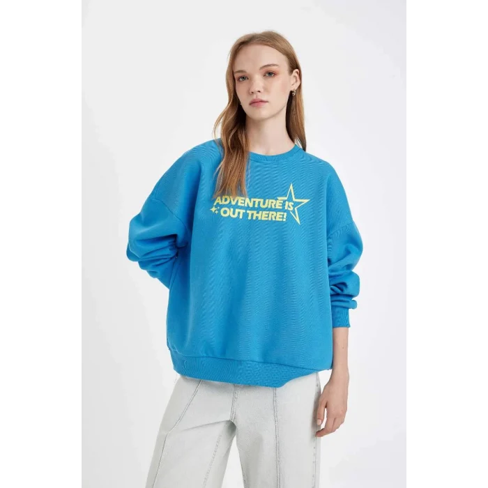 D5185 Loose Fit Sırt Baskılı Kalın Sweatshirt