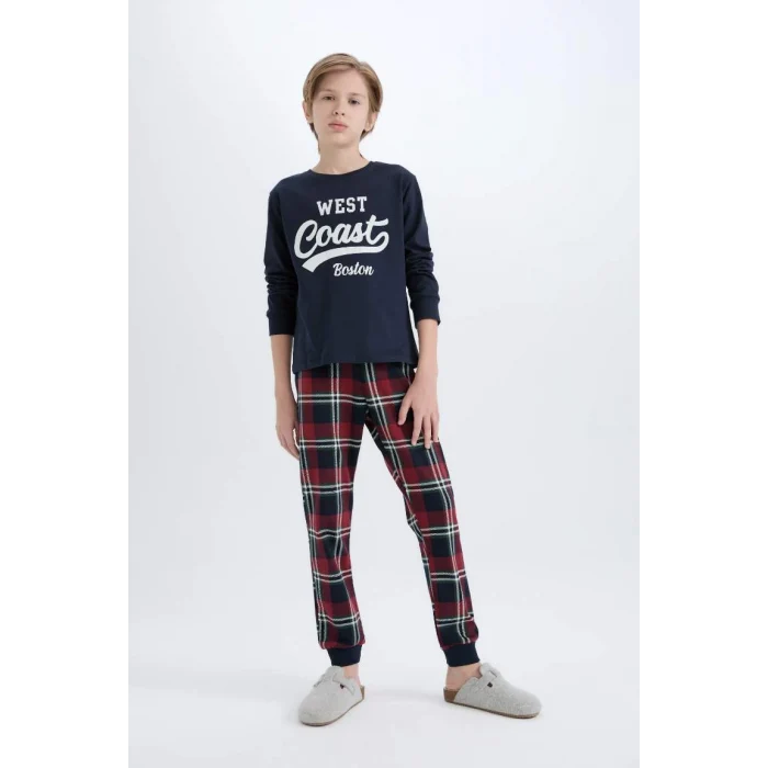 D5212 Baskılı Üst Kareli Uzun Alt Pijama Takımı