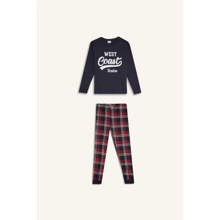 D5212 Baskılı Üst Kareli Uzun Alt Pijama Takımı