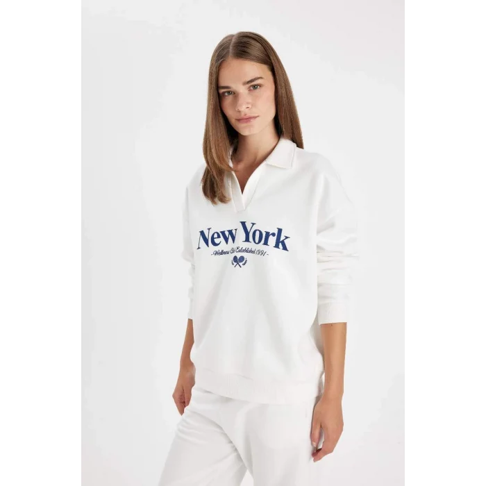 D5295 Relax Fit Polo Yaka Baskılı Kalın Sweatshirt