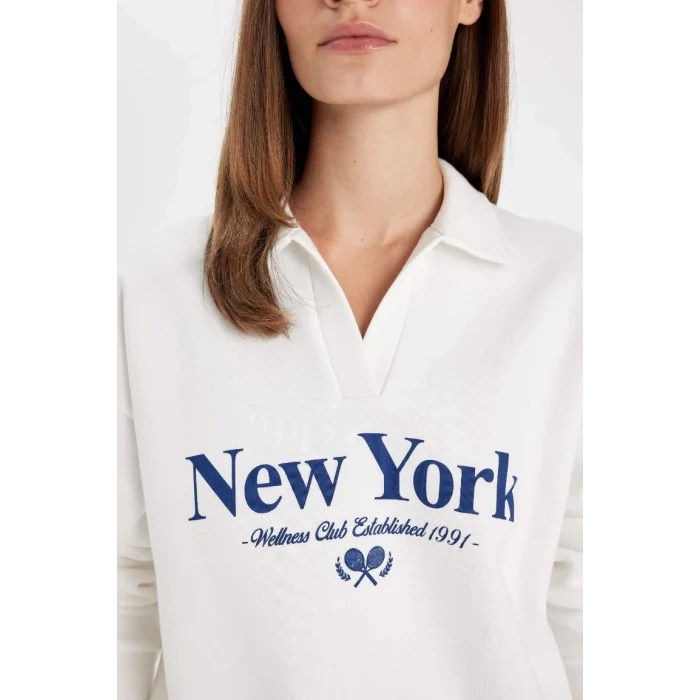D5295 Relax Fit Polo Yaka Baskılı Kalın Sweatshirt