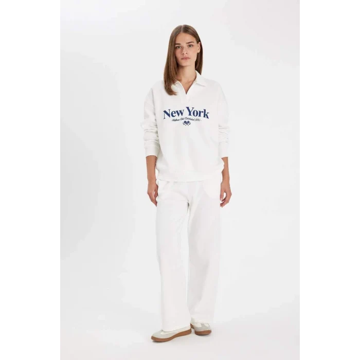 D5295 Relax Fit Polo Yaka Baskılı Kalın Sweatshirt