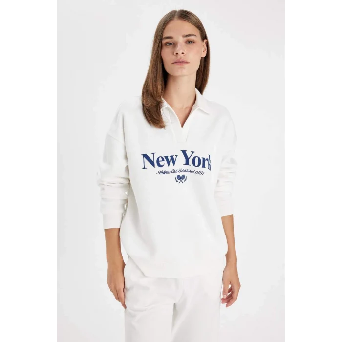 D5295 Relax Fit Polo Yaka Baskılı Kalın Sweatshirt