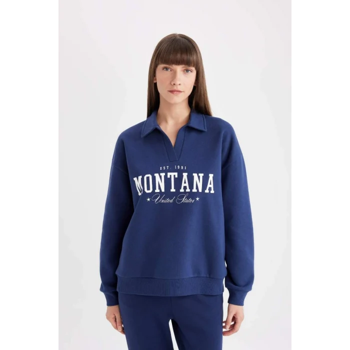 D5296 Relax Fit Polo Yaka Baskılı Kalın Sweatshirt