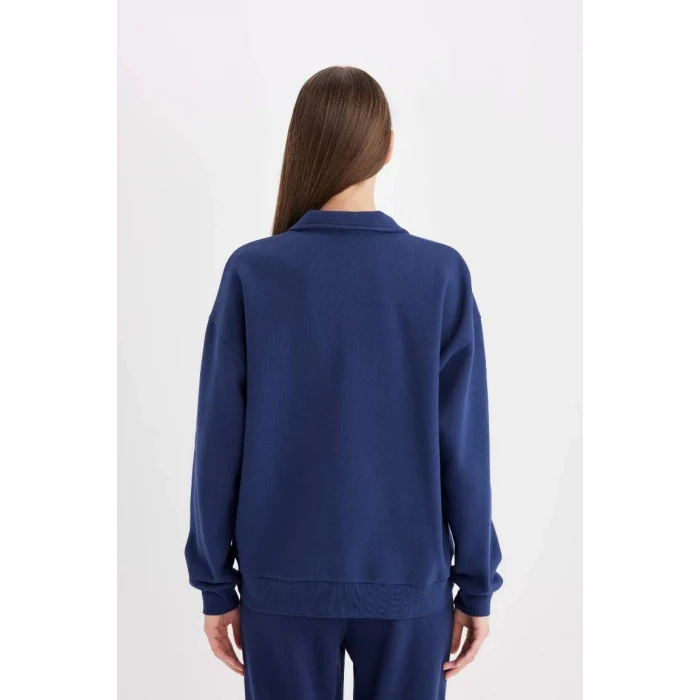 D5296 Relax Fit Polo Yaka Baskılı Kalın Sweatshirt