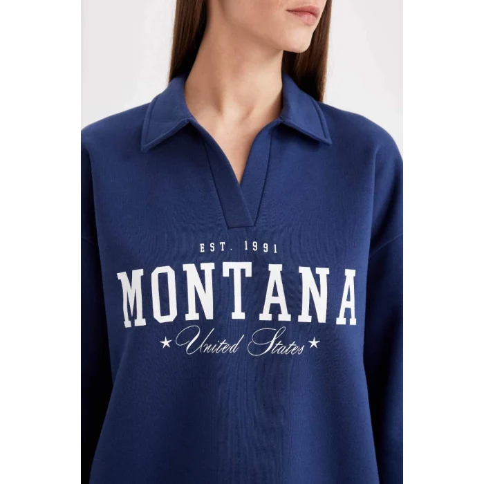 D5296 Relax Fit Polo Yaka Baskılı Kalın Sweatshirt