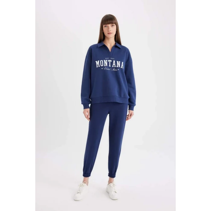 D5296 Relax Fit Polo Yaka Baskılı Kalın Sweatshirt