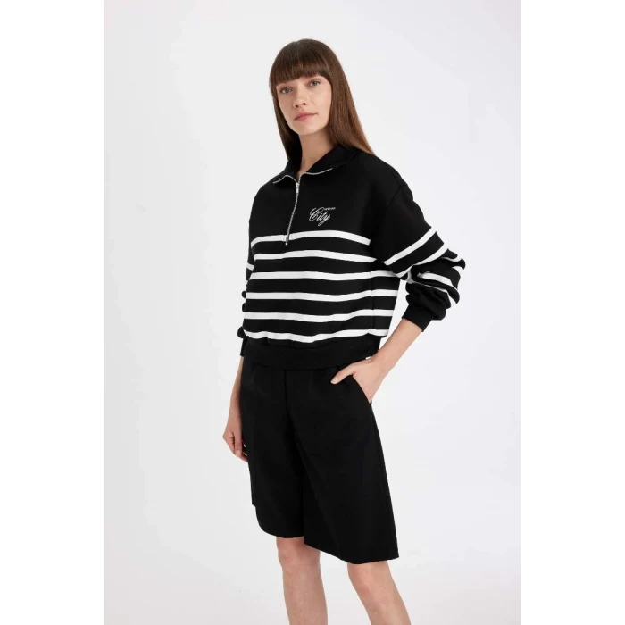 D5297 Yarım Fermuarlı Çizgili Kalın Casual Sweatshirt