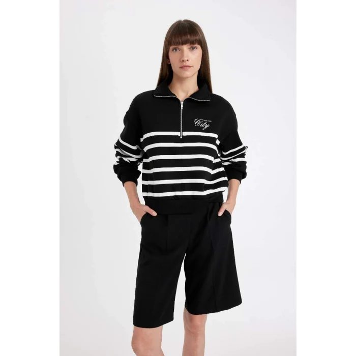 D5297 Yarım Fermuarlı Çizgili Kalın Casual Sweatshirt