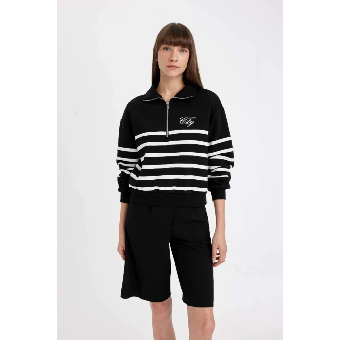 D5297 Yarım Fermuarlı Çizgili Kalın Casual Sweatshirt