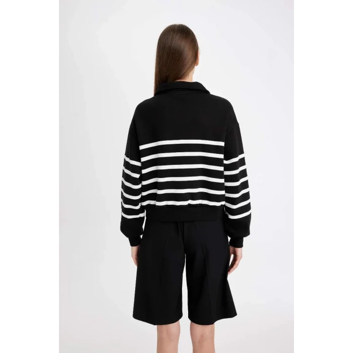 D5297 Yarım Fermuarlı Çizgili Kalın Casual Sweatshirt