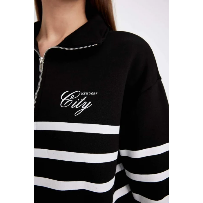 D5297 Yarım Fermuarlı Çizgili Kalın Casual Sweatshirt
