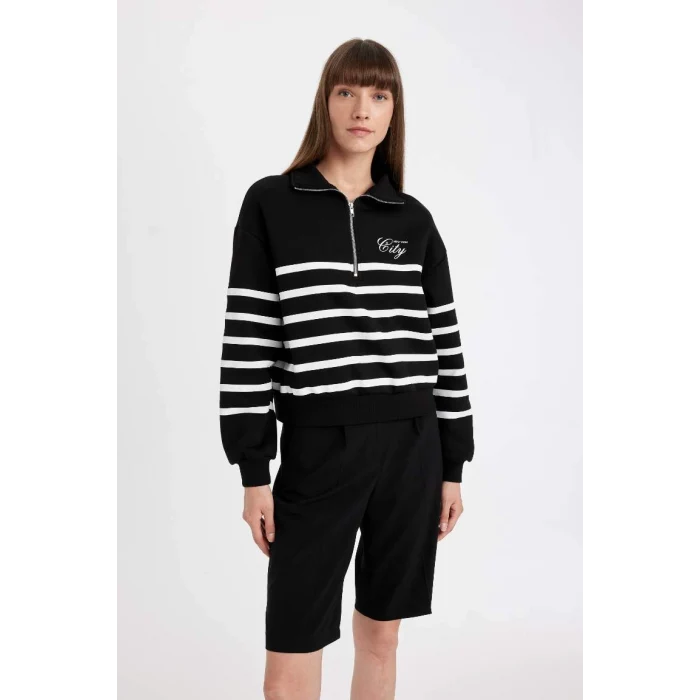 D5297 Yarım Fermuarlı Çizgili Kalın Casual Sweatshirt