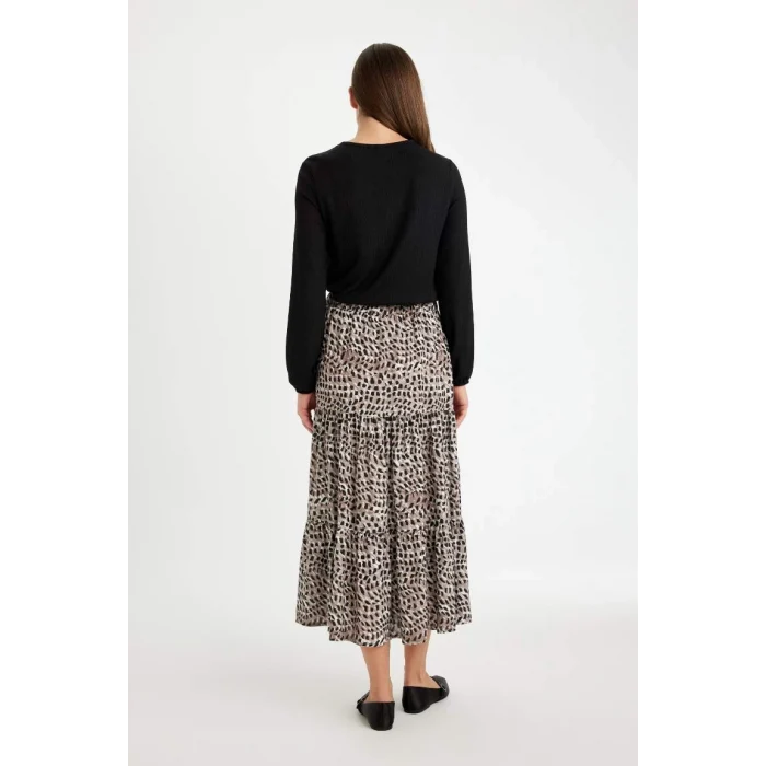 D5328 Kloş Esnek Belli Leopar Desenli Kiloş Maxi Etek