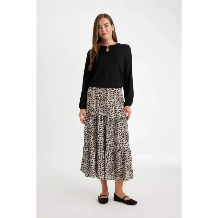 D5328 Kloş Esnek Belli Leopar Desenli Kiloş Maxi Etek