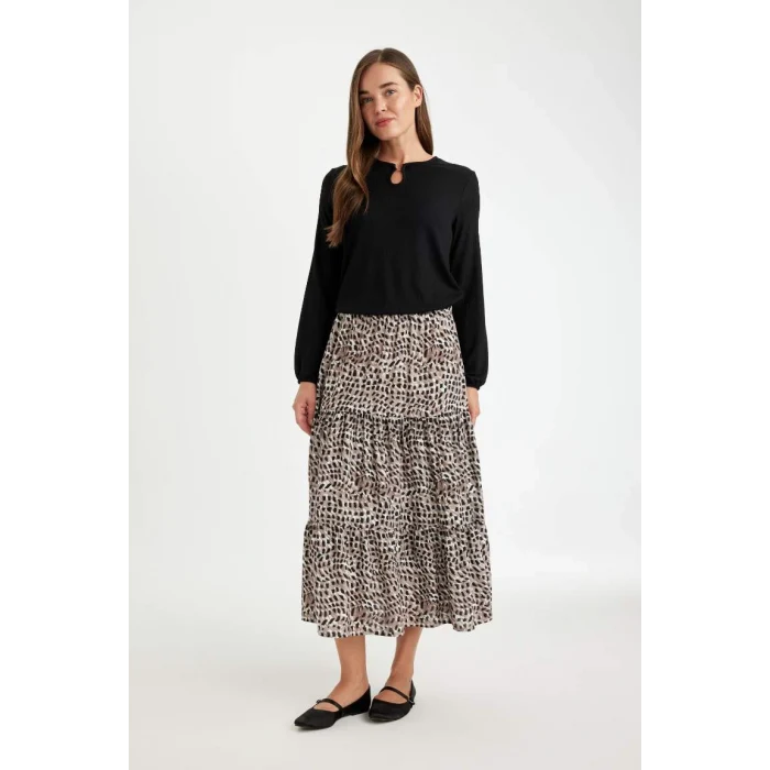 D5328 Kloş Esnek Belli Leopar Desenli Kiloş Maxi Etek