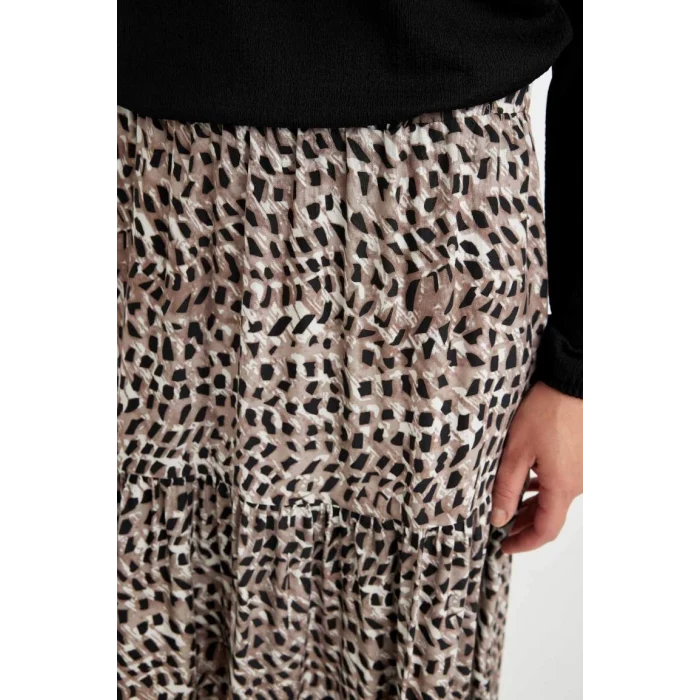 D5328 Kloş Esnek Belli Leopar Desenli Kiloş Maxi Etek