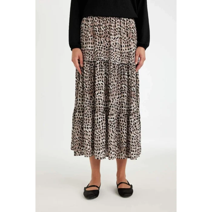 D5328 Kloş Esnek Belli Leopar Desenli Kiloş Maxi Etek