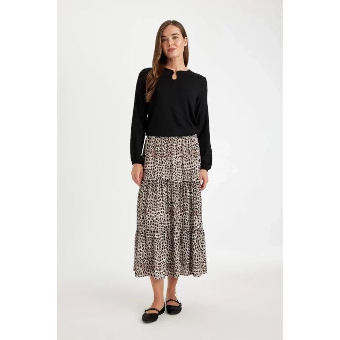 D5328 Kloş Esnek Belli Leopar Desenli Kiloş Maxi Etek