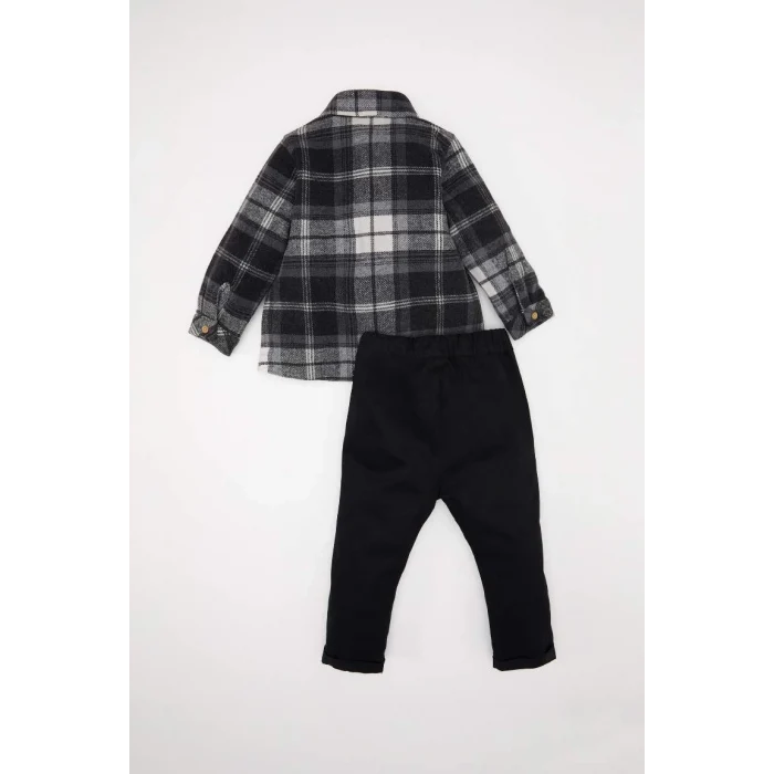 D5416 2li Takım Kareli Oduncu Uzun Kollu Gömlek Beli Lastikli Pantolon