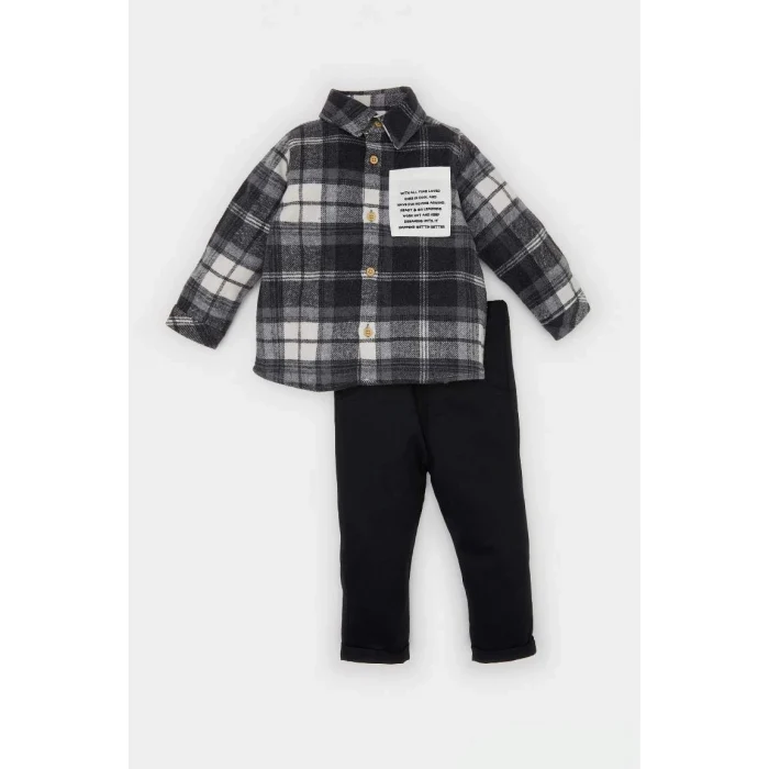 D5416 2li Takım Kareli Oduncu Uzun Kollu Gömlek Beli Lastikli Pantolon