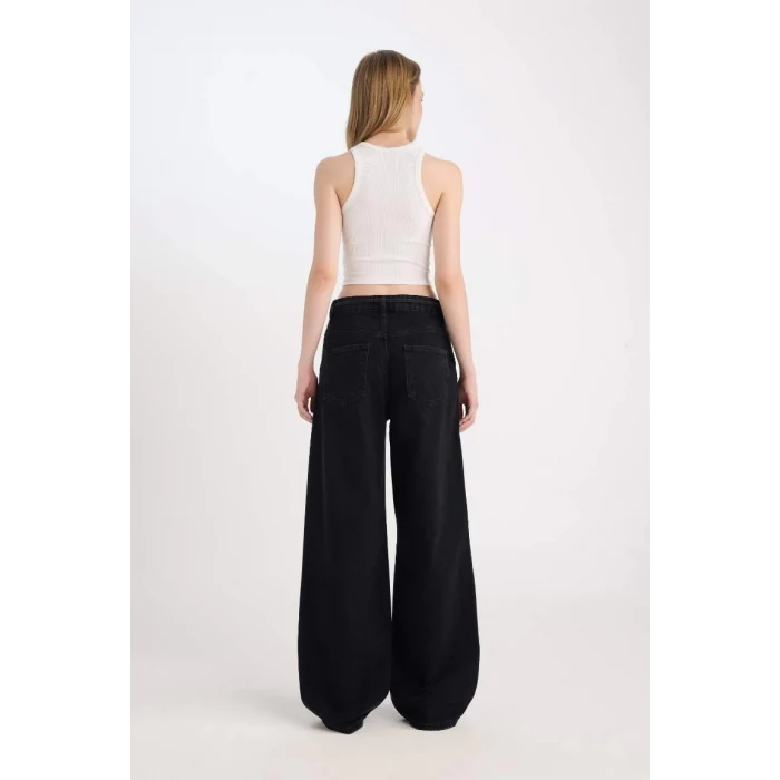 D5522 Geniş Paça Bağcıklı Bel Cepli Jean Pantolon