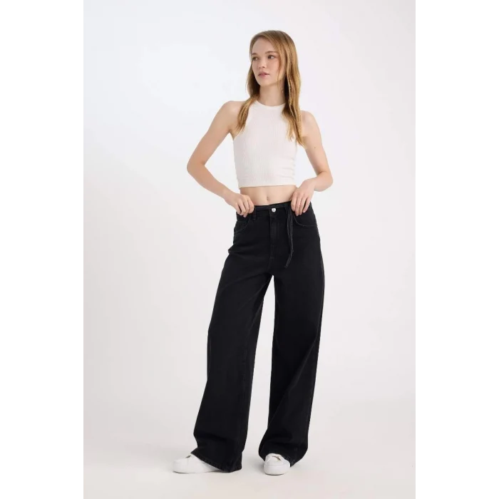 D5522 Geniş Paça Bağcıklı Bel Cepli Jean Pantolon
