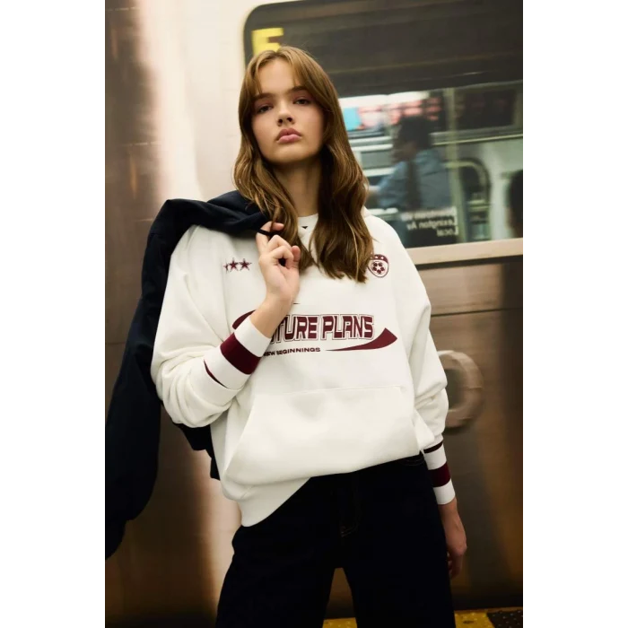 D5730 Oversize Fit Kapüşonlu Baskılı Sweatshirt