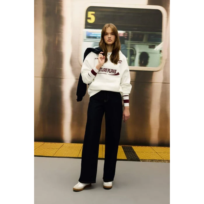 D5730 Oversize Fit Kapüşonlu Baskılı Sweatshirt