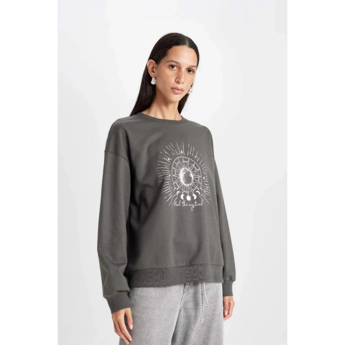 D5925 Relax Fit Bisiklet Yaka Baskılı Sweatshirt