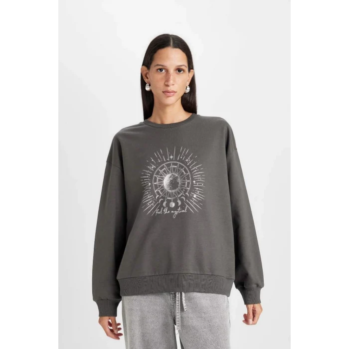 D5925 Relax Fit Bisiklet Yaka Baskılı Sweatshirt