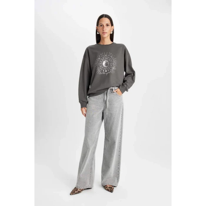 D5925 Relax Fit Bisiklet Yaka Baskılı Sweatshirt