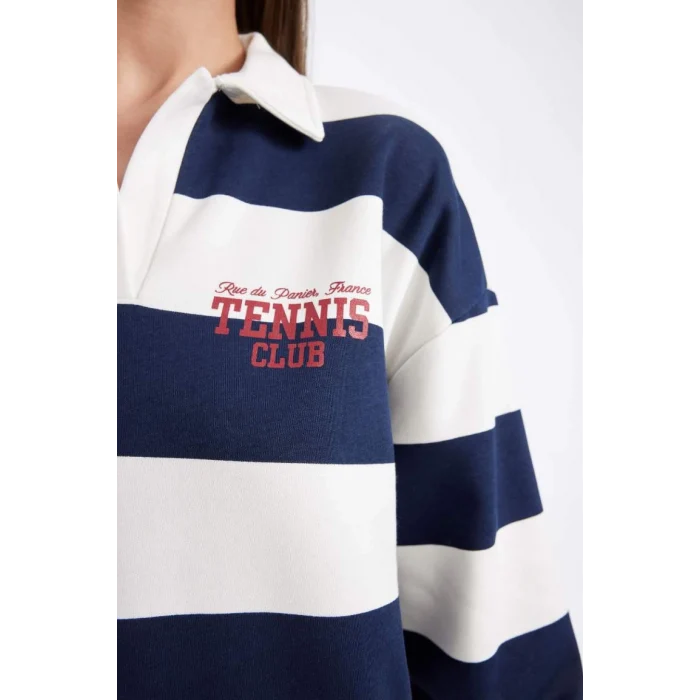 D5926 Polo Yaka Slogan Baskılı Kalın Sweatshirt