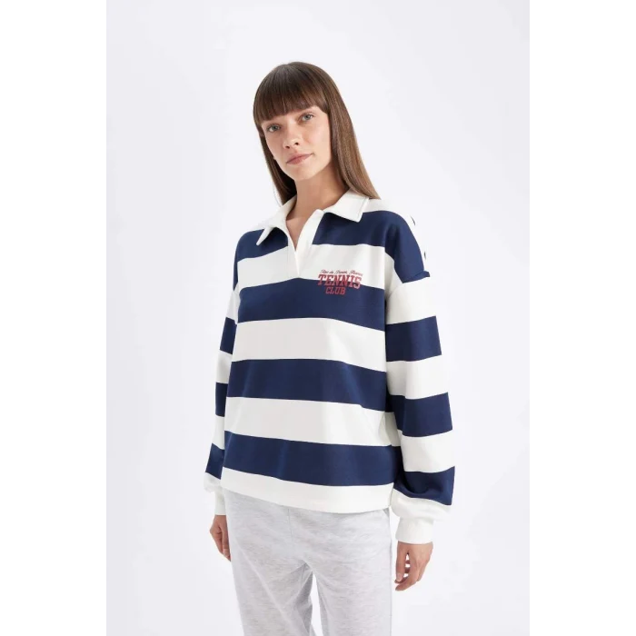 D5926 Polo Yaka Slogan Baskılı Kalın Sweatshirt