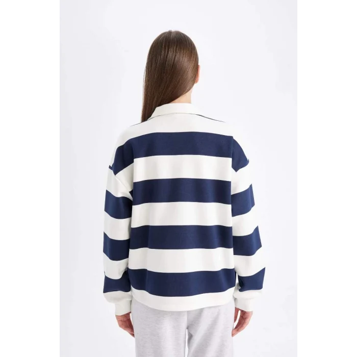 D5926 Polo Yaka Slogan Baskılı Kalın Sweatshirt