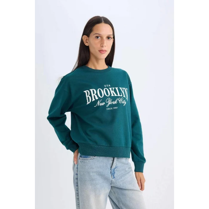 D5928 Regular Fit Bisiklet Yaka Baskılı Sweatshirt