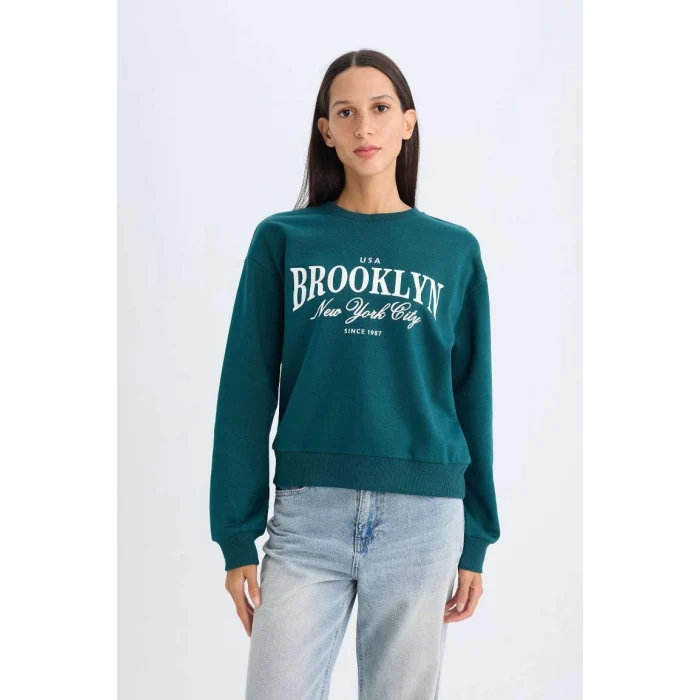D5928 Regular Fit Bisiklet Yaka Baskılı Sweatshirt