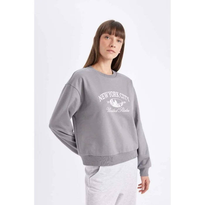 D5929 Regular Fit Baskılı İnce Sweatshirt