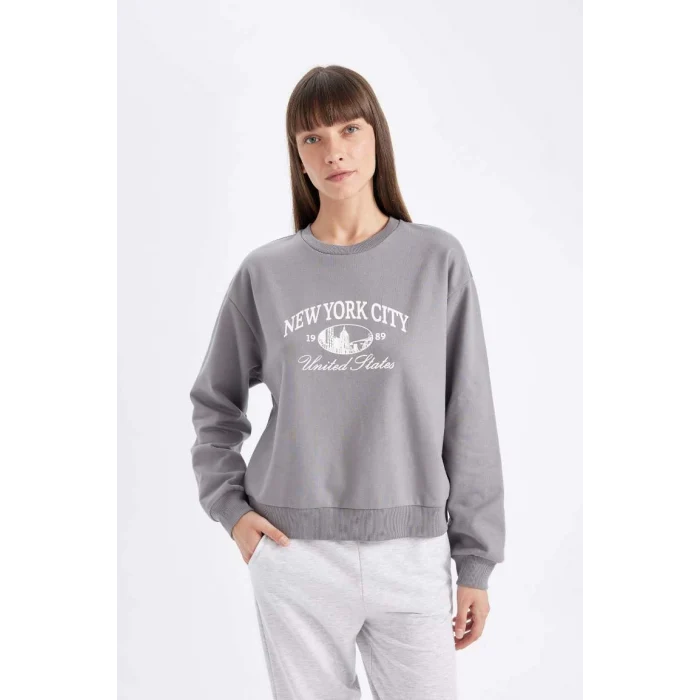 D5929 Regular Fit Baskılı İnce Sweatshirt